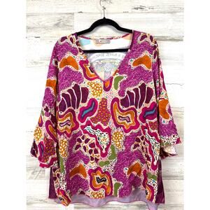 Tina Stephens Womens M Multicolor Peace Print Bell Sleeve Viscose Blouse Italy
